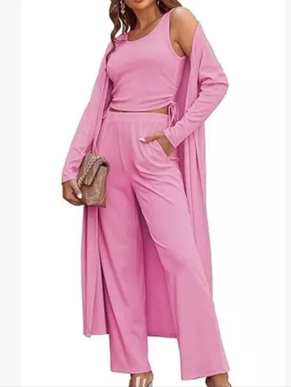 Halara Women's 3 Pcs Knit Lounge Set Pajama Long Sleeve Cardigan Sz  XL Pink